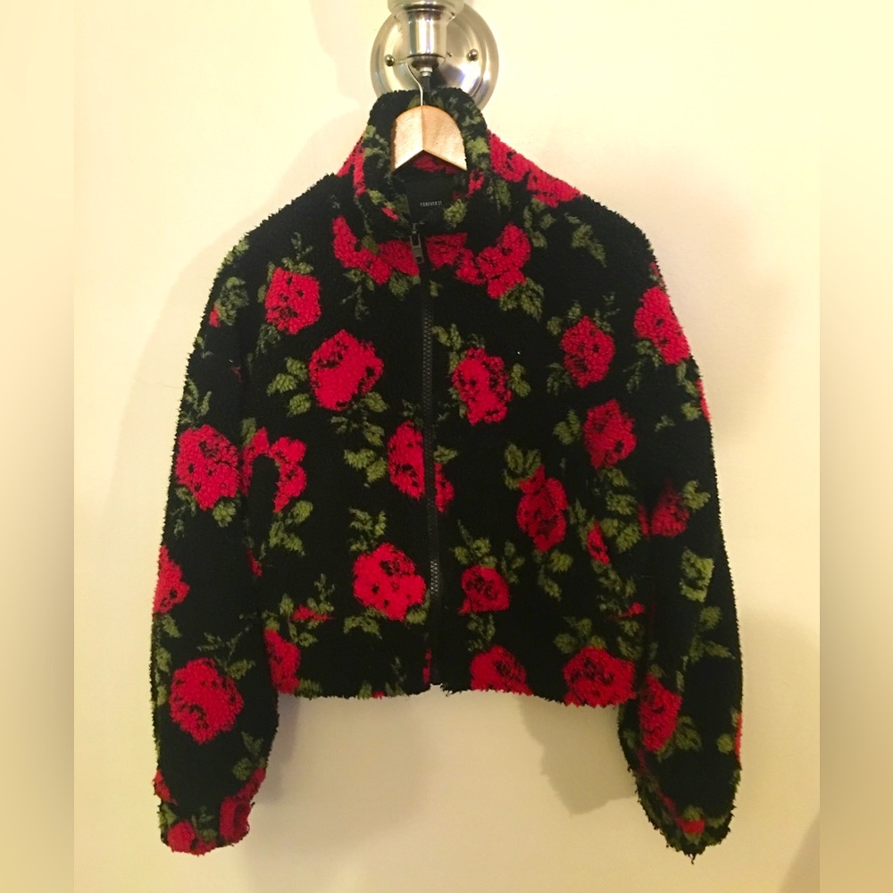 Fluffy Red Rose Black Zip Up Jacket